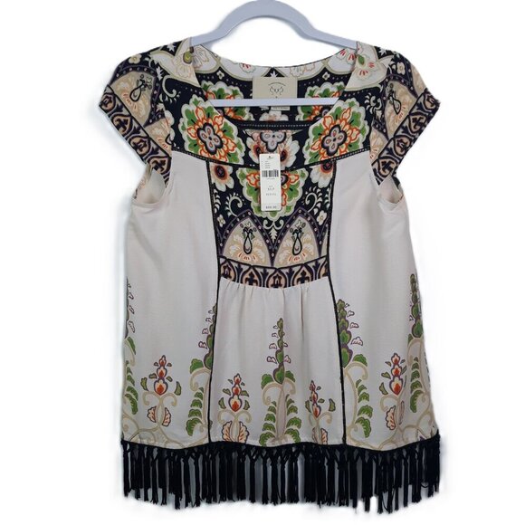 NWT Anthropologie Vanessa Virginia Augustina Floral Fringe Top Boho Romantic XSP - Picture 1 of 8